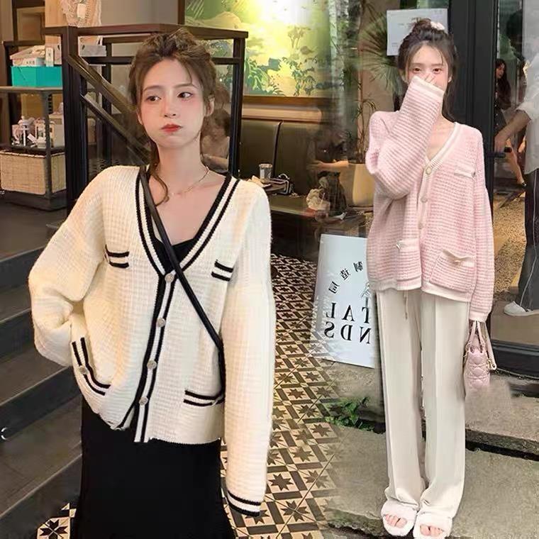 MS827 Áo khoác cardigan len nữ viền màu cổ tim giả túi