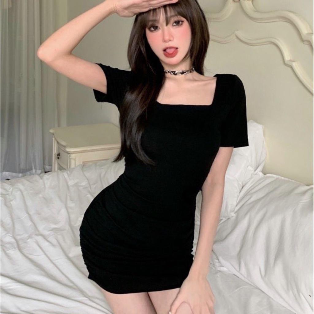 Váy đầm bigsize cổ vuông tay ngắn dáng dài ôm body chất gân tăm co giãn nữ từ 60-95kg G77