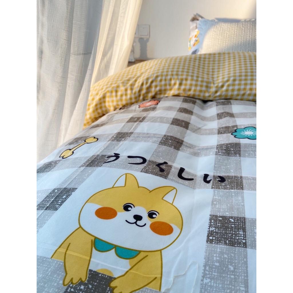 Bộ chăn ga gối Cotton poly M2T bedding Cún caro, vỏ chăn mền, drap nệm và 2 vỏ gối