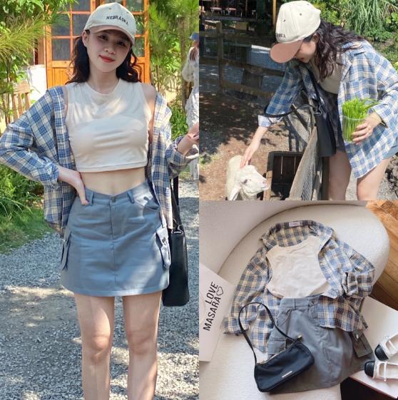 SET ÁO SƠ MI CARO RỘNG + ÁO CROPTOP THUN PASTEL + CHÂN VÁY NGẮN LƯNG CAO TÚI HỘP SUÔNG TRƠN DẠO PHỐ CÔNG SỞ DỰ TIỆC