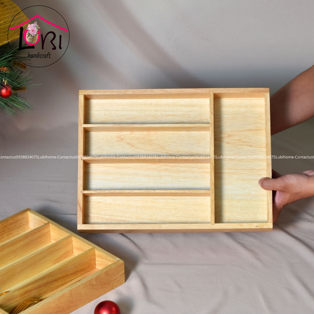 Lubihandicraft - Khay gỗ thông đựng muỗng nĩa 5 ngăn - cao cấp