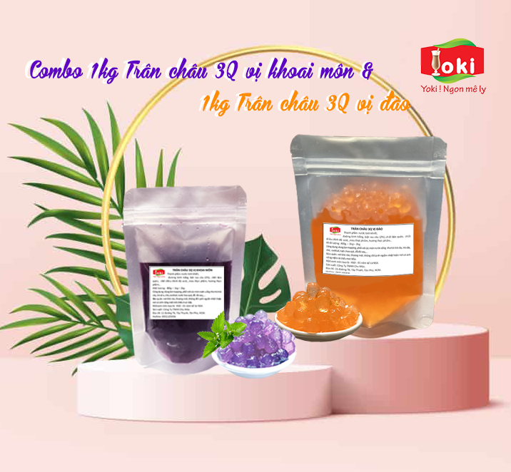 Combo Trân châu 3Q vị đào &amp; Trân châu 3Q vị khoai môn