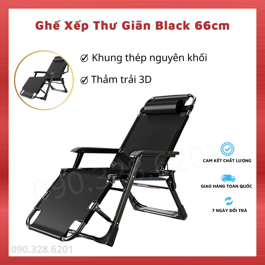 Ghế Giường Xếp Thư Giãn Gối Đầu, Ngả Lưng 180 Độ, Ghế Gấp Gọn Kèm Đệm Black