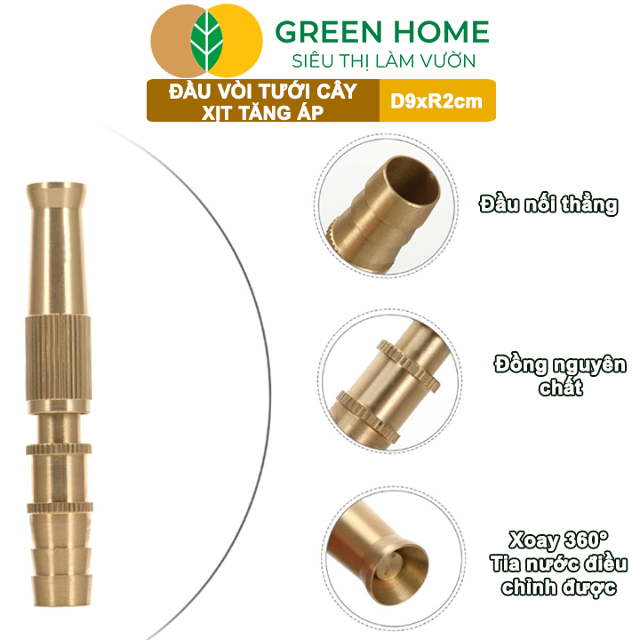 Đầu Vòi Xịt Tăng Áp GreenHome, D9xR1,5cm, Bằng Đồng, Dùng Tưới Cây, Rửa Xe, Rửa Sân Vườn