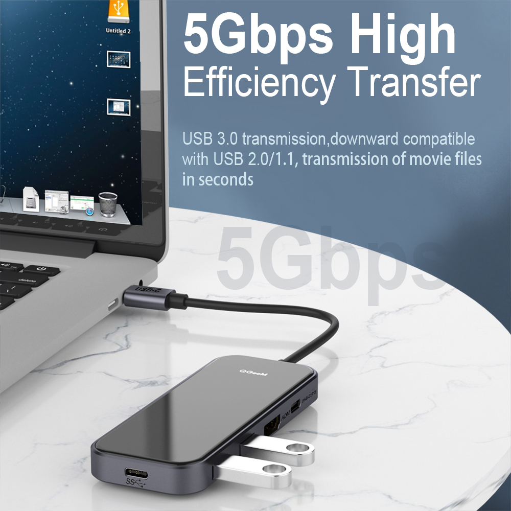 Bộ Hub USB C QGeeM 5 trong 1 4K USB C sang HDMI, 2 x USB 3.0, 1 x USB-C 3.0, 1 x USB-C 100W PD Charger tương thích với MacBook Pro 2019/2018 IPad Pro, Chromebook, XPS, Type-C Adapter - Hàng Chính Hãng