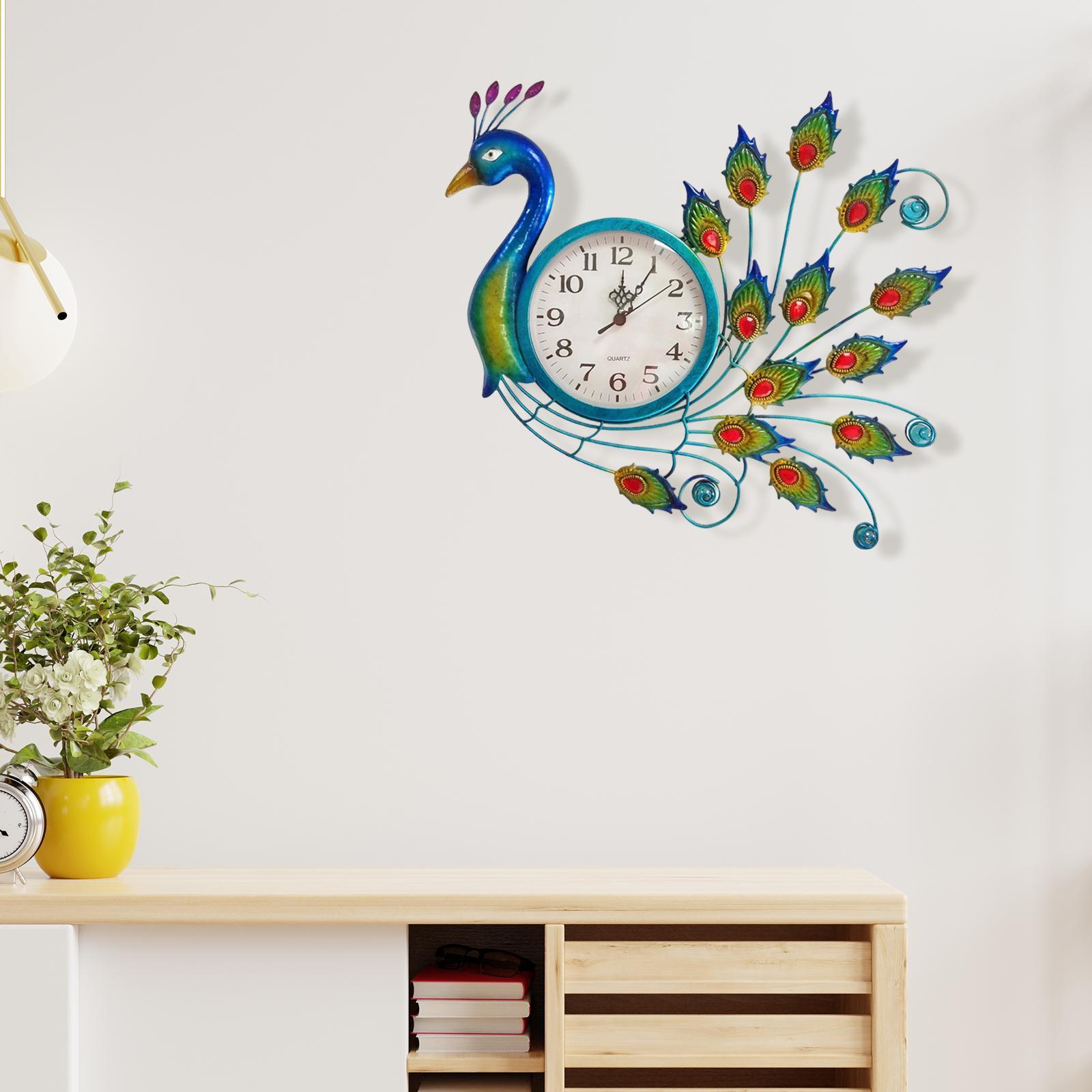 Metal Peacock Wall Clock Sculpture Mute Hanging Art Decoration for Home