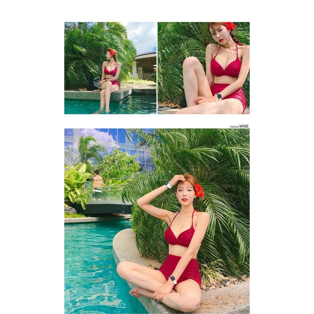 Bikini tắm biển 2 mảnh màu đỏ, quần cạp cao