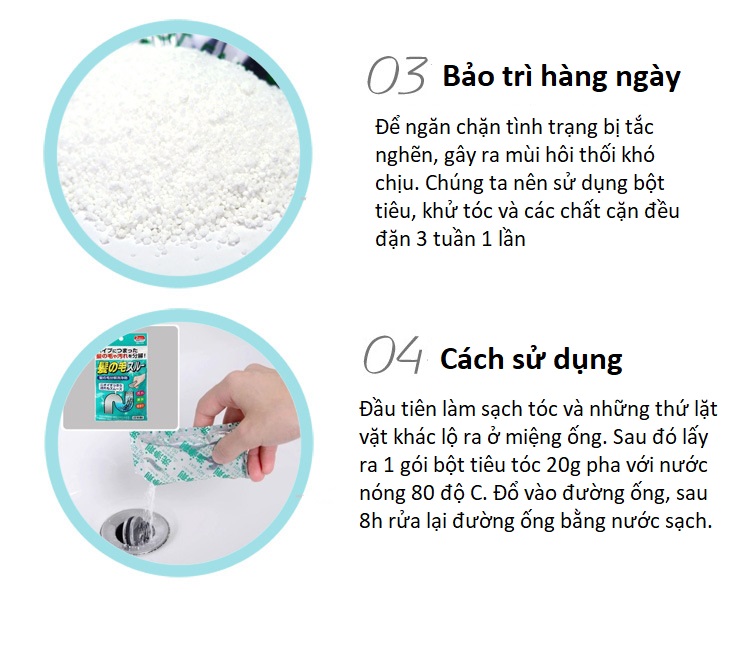 Bột tiêu, khử tóc trong đường ống vệ sinh, làm phân hủy nhanh các chất hữu cơ, cặn bã gây nghẹt/ tắc đường cống - nội địa Nhật Bản