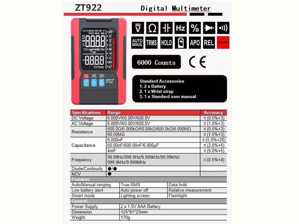 Đồng Hồ Vạn Năng Zoyi ZT-922 Đồng Hồ Đo Điện Đa Năng Cao Cấp Được Trang Bị Màn Hình LCD Dễ Đọc Kết Quả - Hàng Chính Hãng