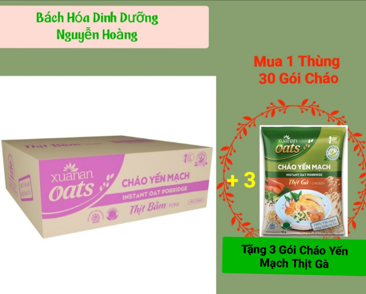 Thùng :30 Gói Cháo Yến Mạch Thịt Bằm 40g Xuân An