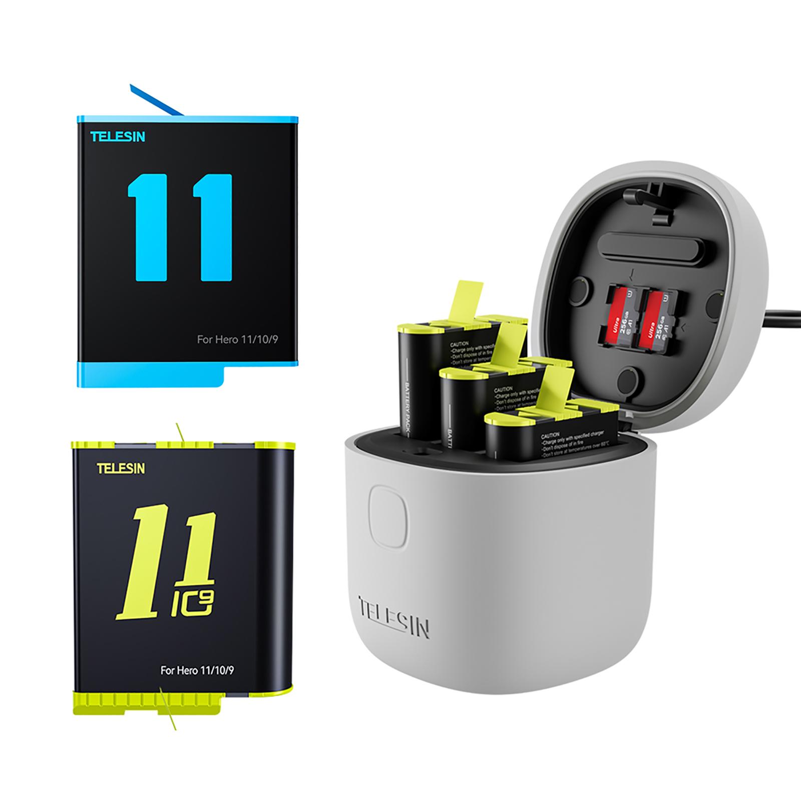 Pin Telesin Sạc Nhanh 3 Khe Lưu Trữ Pin Pin Li-ion 1750MAh Hộp Sạc Cho GoPro Hero 9 10 11 Camera Hành Động