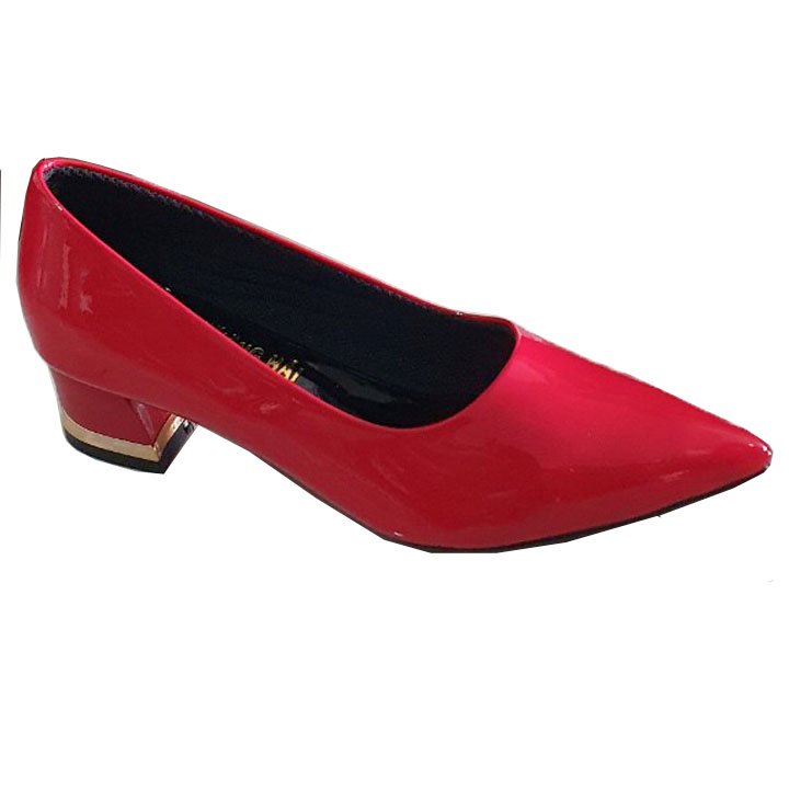 Giày cao gót bít mũi đế vuông 3cm Trường Hải da bóng màu đỏ thời trang cao cấp CG0121