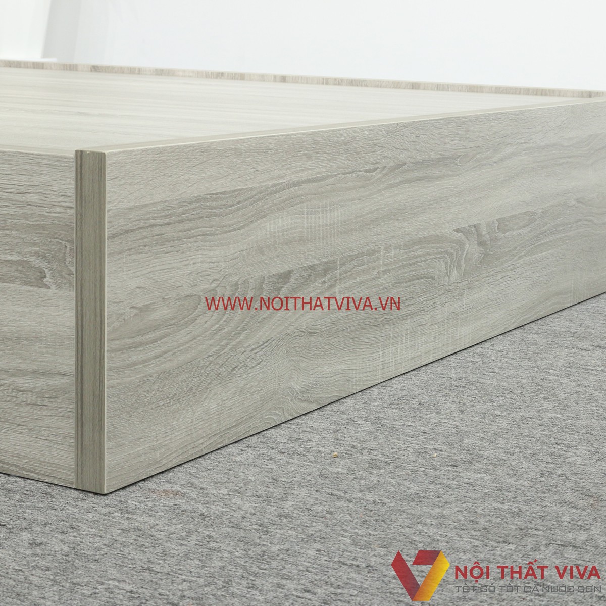 Giường Ngủ Gỗ MDF Melamine Màu Xám Vân Gỗ Có Đầu Nệm Đen Đẹp Hiện Đại
