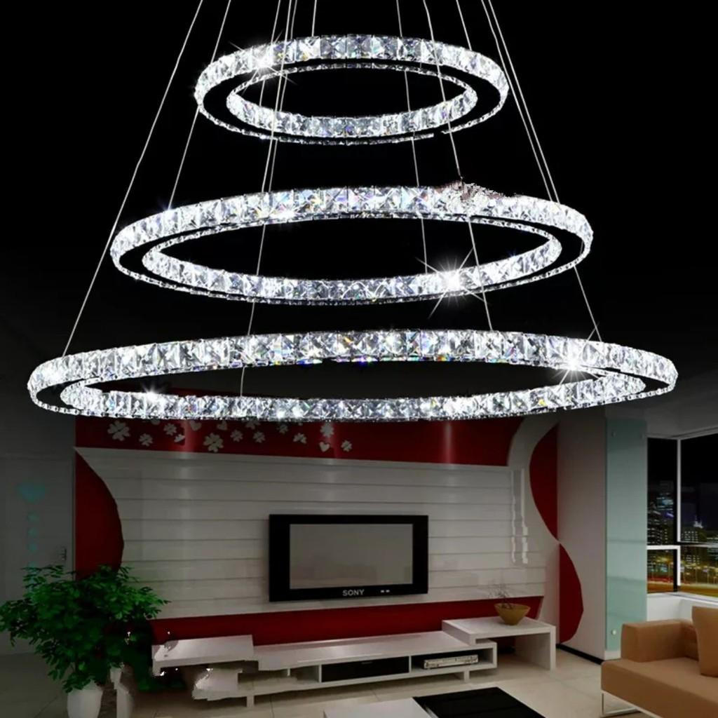 Bộ đèn thả led pha lê 3 vòng 300x500x700 ánh sáng 3 chế độ màu có điều khiển trang trí phòng khách tiền sảnh