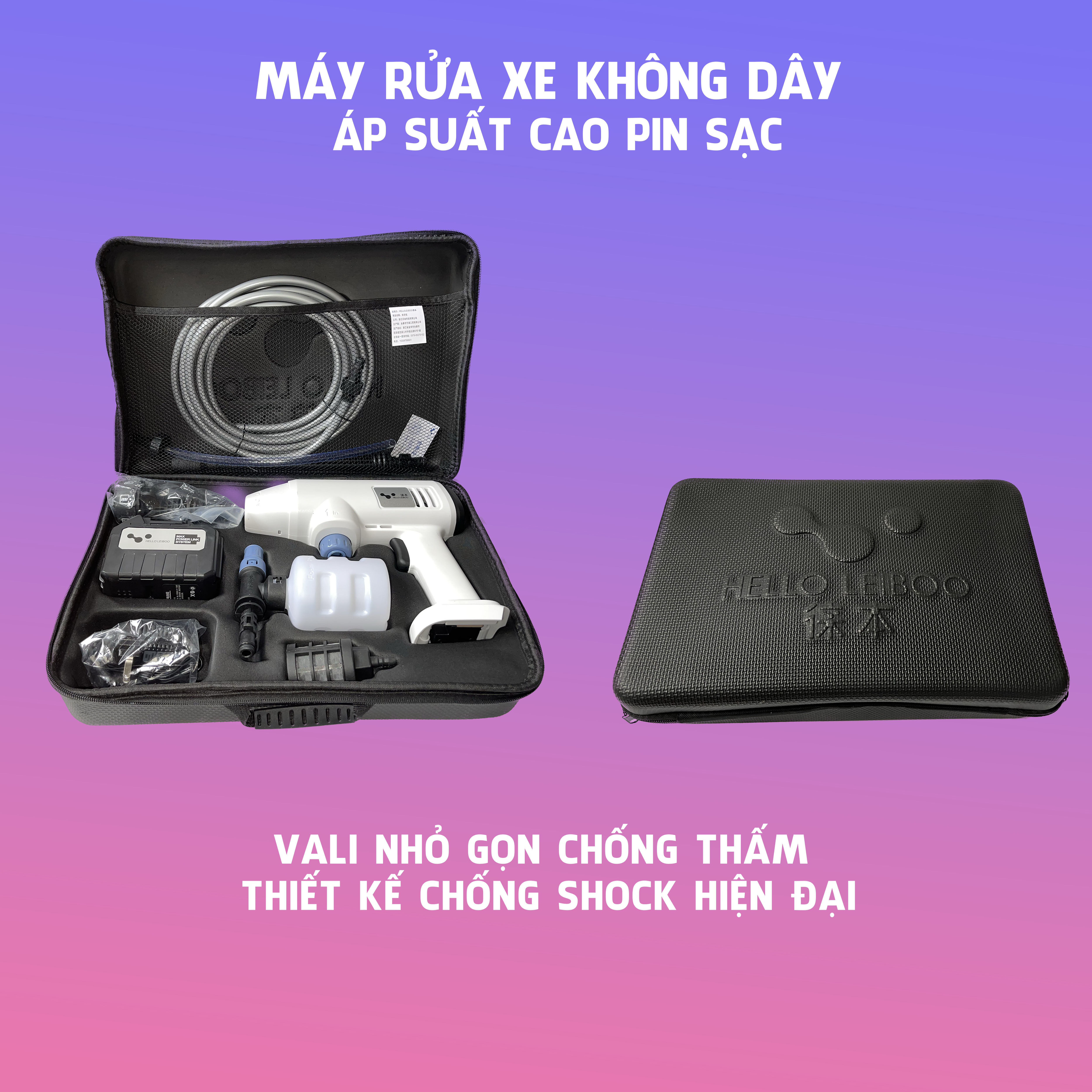 Máy rửa xe không dây di động, máy rửa xe có thể sạc Pin Lithium 25000 mAh Áp lực nước 65Bar, Trọng lượng 3,5kg màu trắng