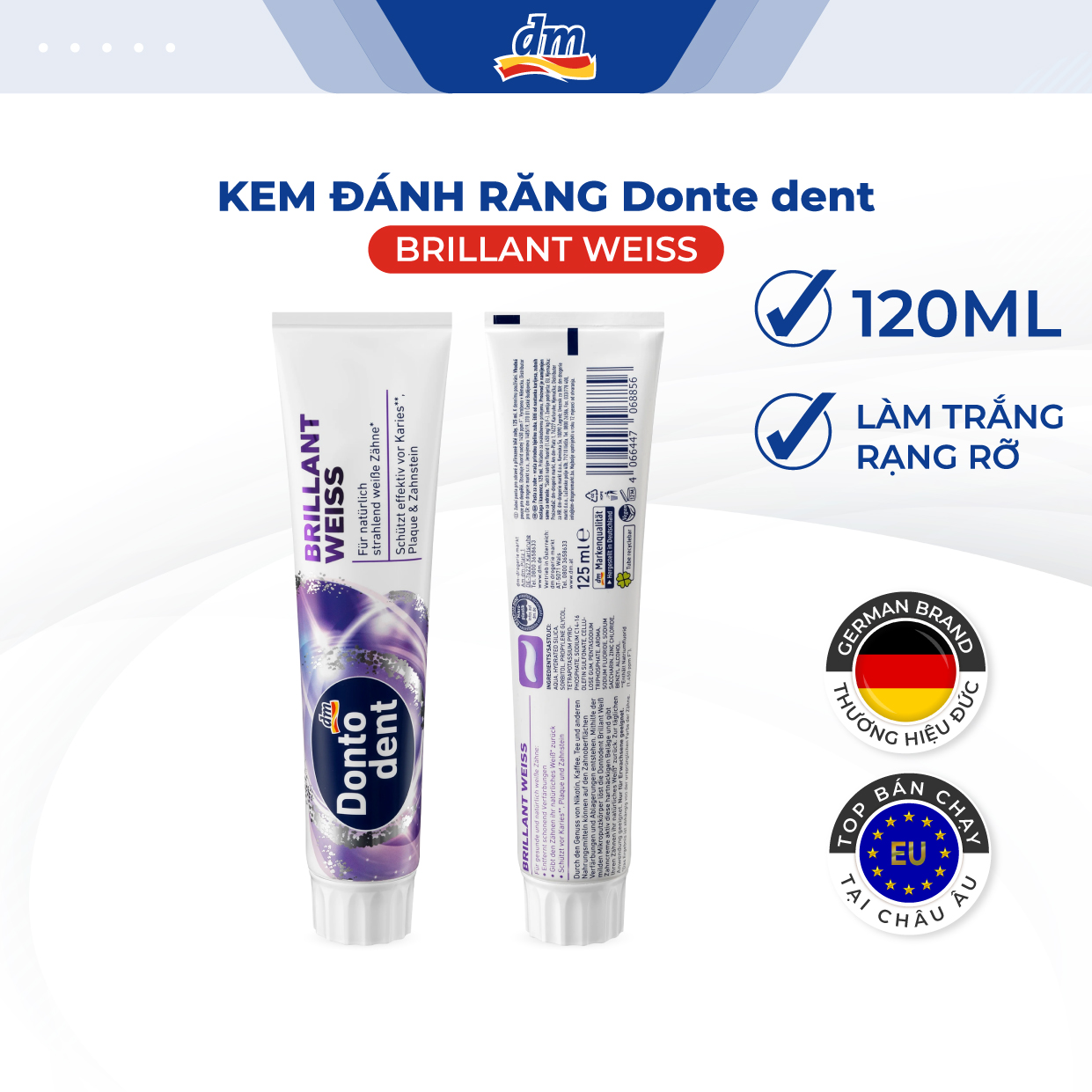 Kem đánh răng DONTODENT Brilliant weiss 125ml trắng sáng tự nhiên, chống cao răng, mảng bám - hàng nhập khẩu Đức