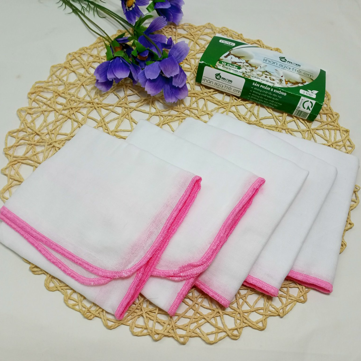 [Set 10 Chiếc] Khăn Sữa Cho Bé Sơ Sinh 2 Lớp Emom, 100% Cotton Cao Cấp, Siêu Mềm Mịn, Thoáng Mát