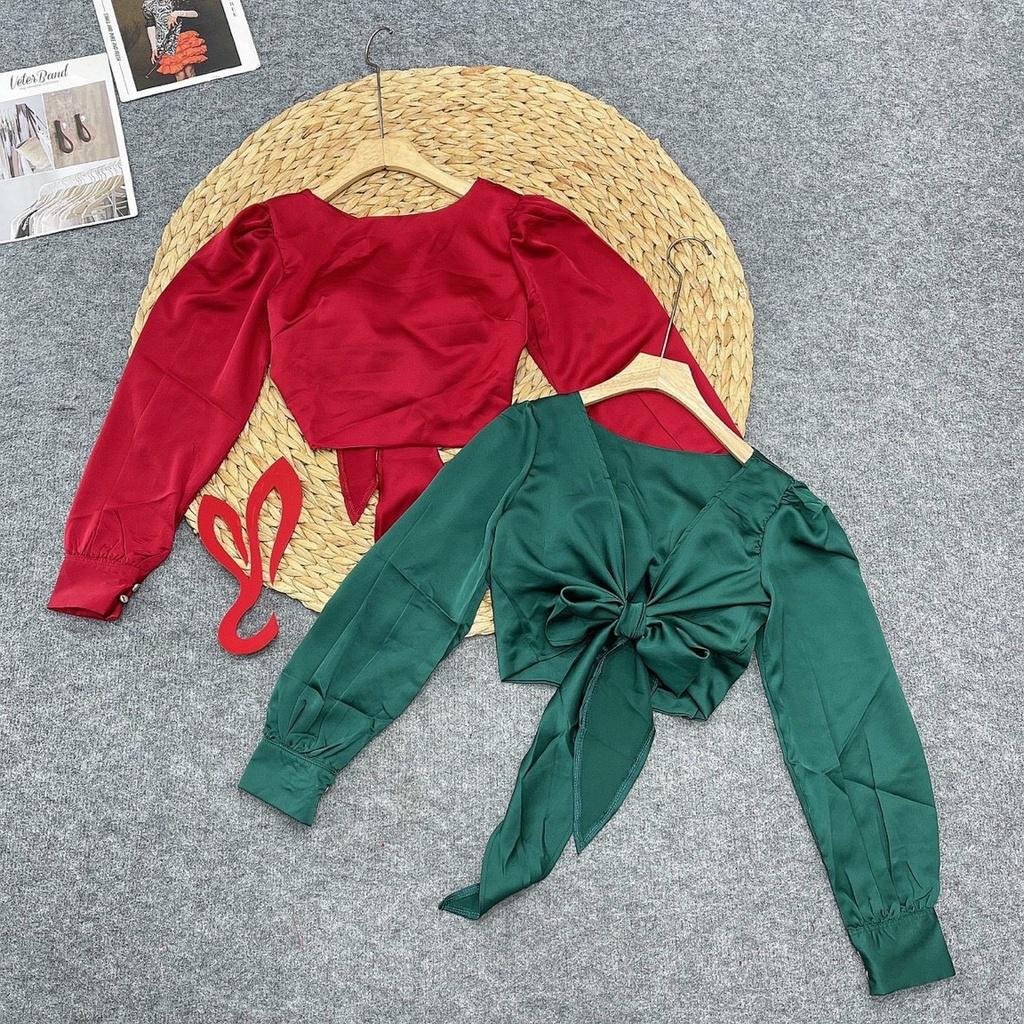 Áo Kiểu Nữ Cột Nơ Sau YURITA Tay Dài Chất Lụa Form Croptop Dễ Thương Phong Cách Hàn Quốc Đủ Màu Dễ Phối Đồ