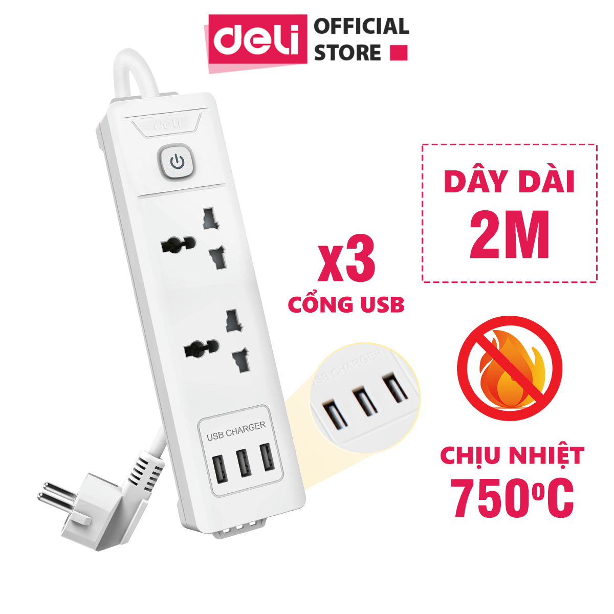 Hình ảnh Ổ Cắm Điện Đa Năng Kèm Cổng USB Có Công Tắc Tải 2500W Nắp Chống Giật Chống Cháy Chất Lượng Cao Deli - Dây 2M/3M/5M - ET401 411