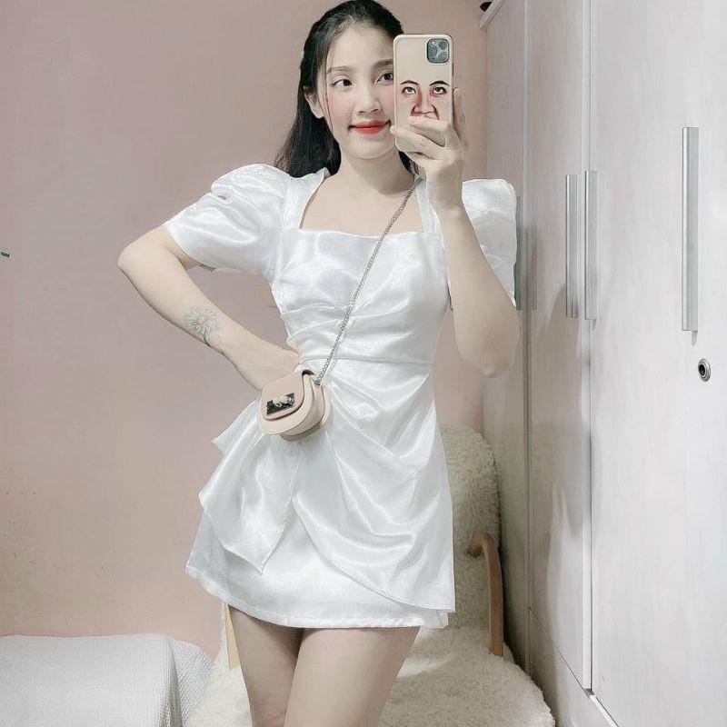 Đầm dự tiệc trắng đỏ bèo hông