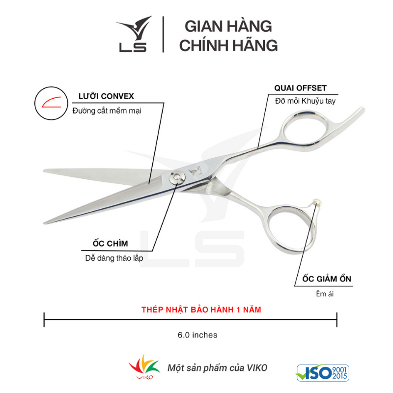 Kéo cắt tóc LS lưỡi thẳng quai offset vênh đỡ ngón cố định JP603