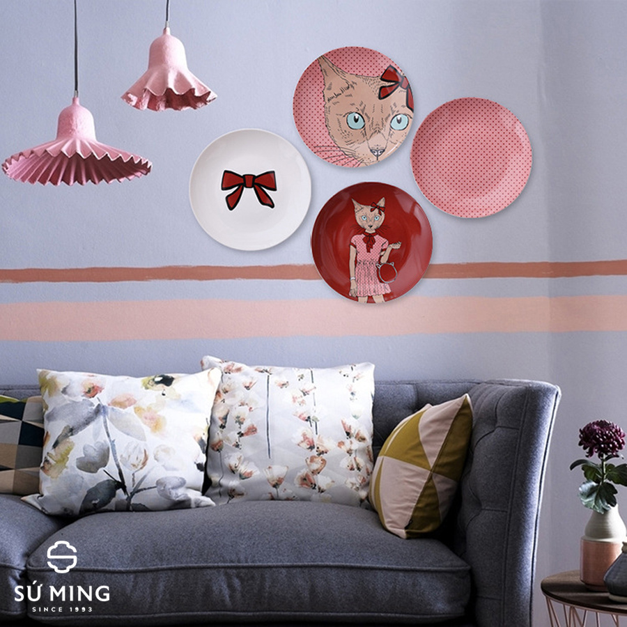 Bộ 4 Đĩa Sứ Decor Treo Tường Mèo Hồng, Trang Trí Nhà Cửa, Bàn Ăn