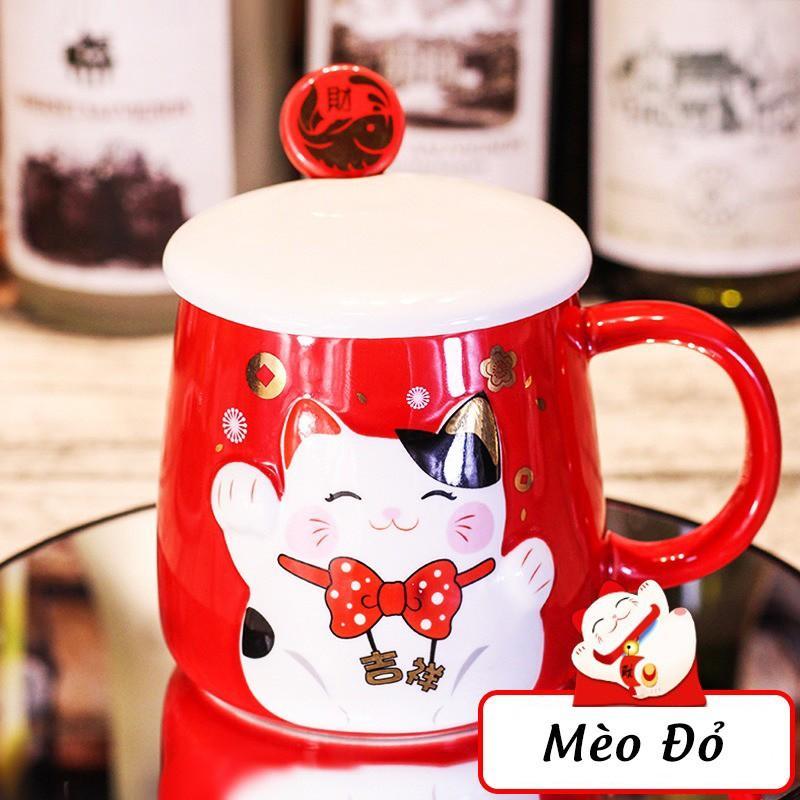 Cốc Sứ Uống Nước Mèo Thần Tài Chiêu May Mắn - Ly Uống Cafe Có Nắp , Văn Phòng, Quà Tặng Tân Gia