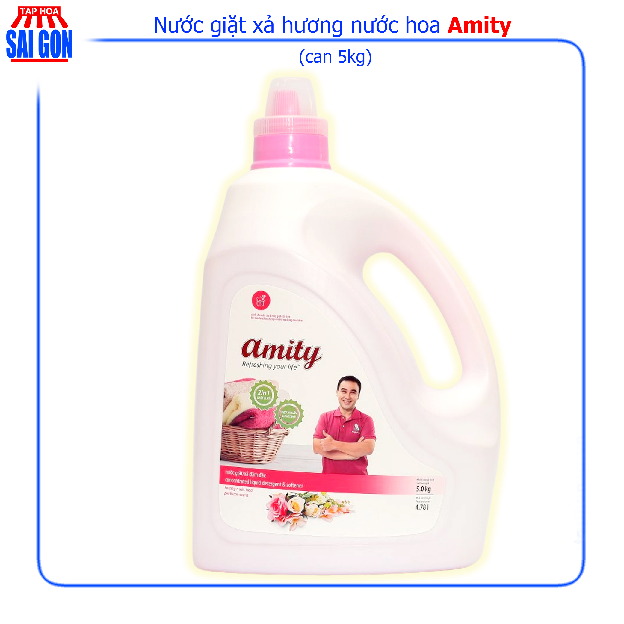 Nước Giặt Xả Amity hương nước hoa (màu hồng) can 5kg phù hợp với mọi chất liệu vải và mang lại cảm giác an toàn cho mọi gia đình