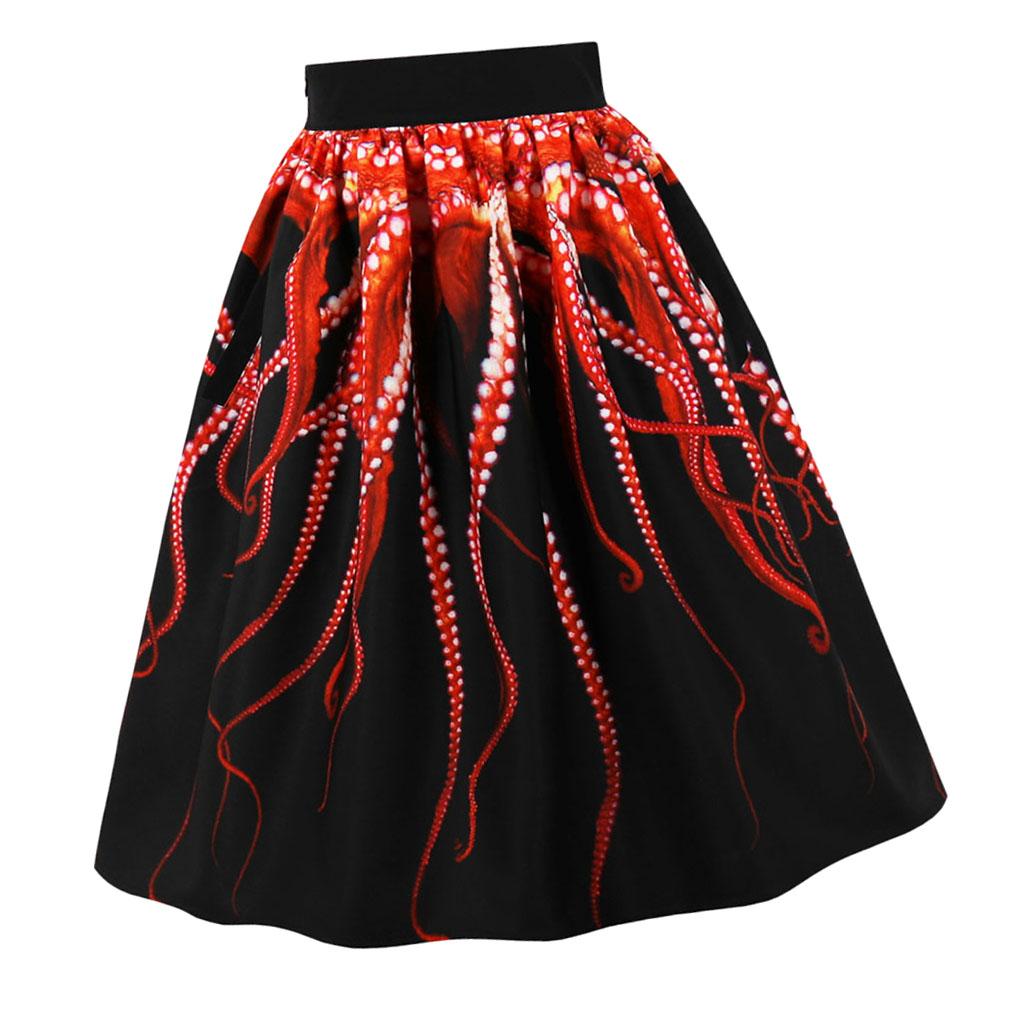 Women's Digital Print High Waisted Midi Party Skirt Vintage A-Line Pleated Skater Skirts