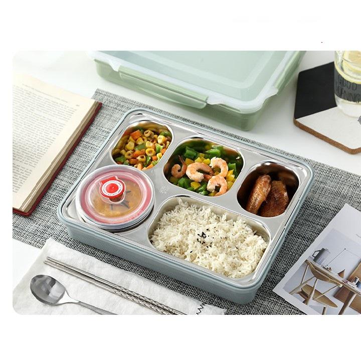 Hộp Cơm Văn Phòng Inox 5 Ngăn Giữ Nhiệt Nắp Đậy Chống Tràn Tặng Kèm Đũa Thìa Inox Tiện Ích, Khay Đựng Cơm Inox 304 - Giao Màu Ngẫu Nhiên - Free Ship Toàn Quốc