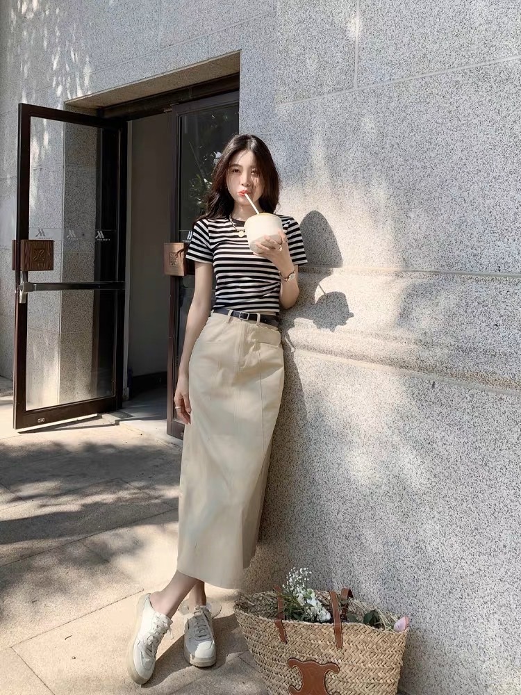 SET CHÂN VÁY MIDI DÀI SUÔNG TRƠN LƯNG CAO + ÁO THUN CROPTOP KẺ SỌC DẠO PHỐ ĐI LÀM ĐI HỌC ĐI BIỂN ĐI CHƠI