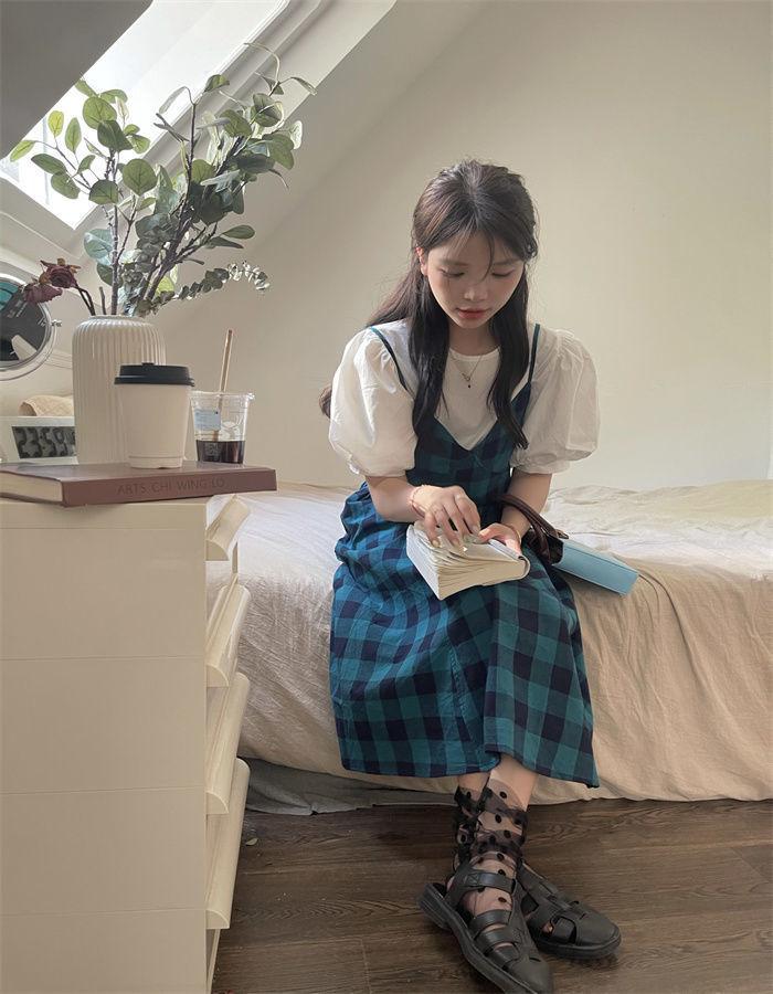 CHENGRUI Váy kẻ sọc nữ mùa hè Hàn Quốc ngọt ngào kiểu Pháp, thiết kế dịu dàng, cao cấp, váy dài.