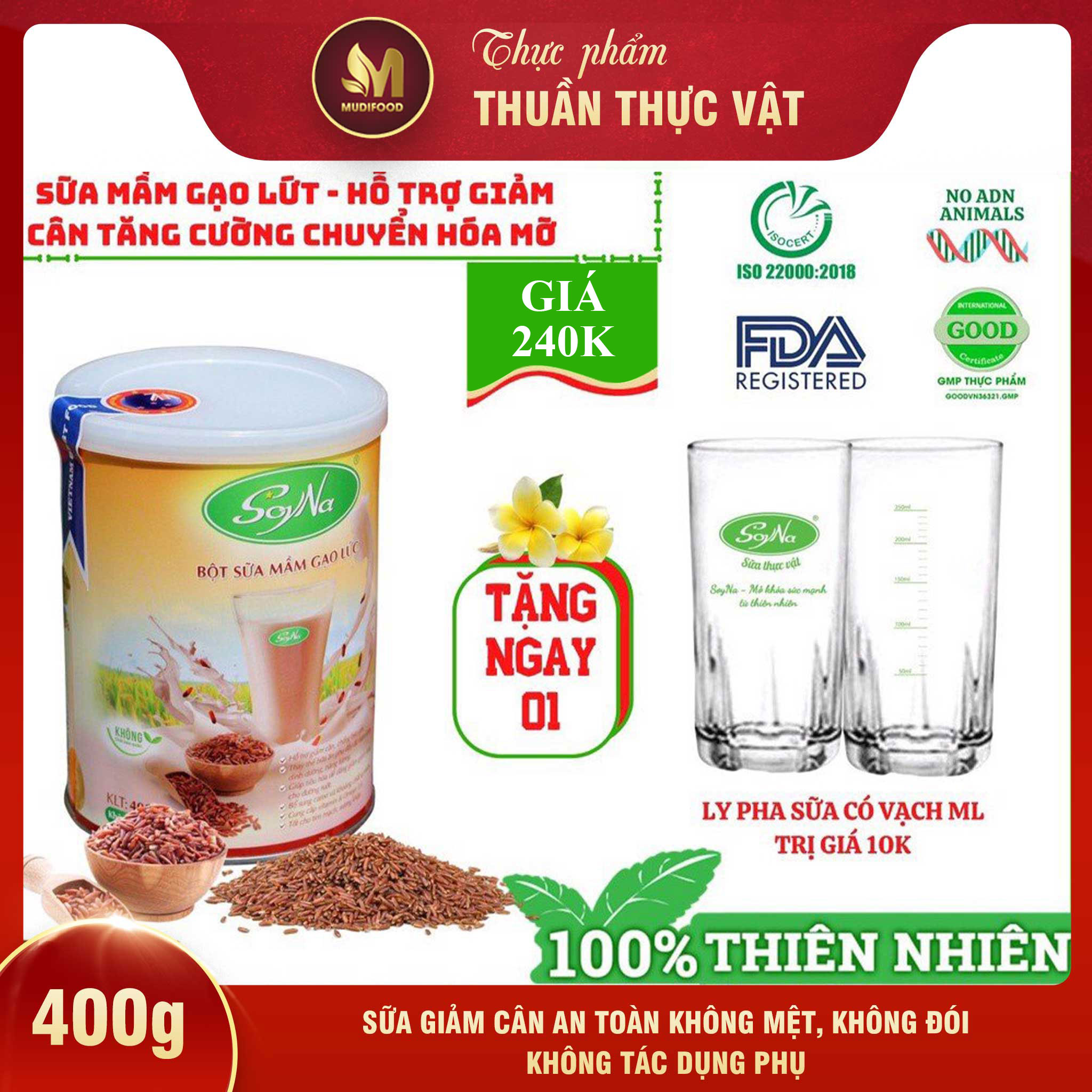 Sữa Mầm Gạo Lứt Soyna 400g - Sữa Bổ Sung Dinh Dưỡng cho Người Giảm Cân, Ăn Kiêng, Ăn Chay, Người Bị Tiểu Đường, Tim Mạch, Mỡ Máu, Xương Khớp, Người Tập Gym Và Yoga, Thay Thế Bữa Ăn - Tặng 1 Ly Thủy Tinh Pha Sữa Có Vạch Chia ML