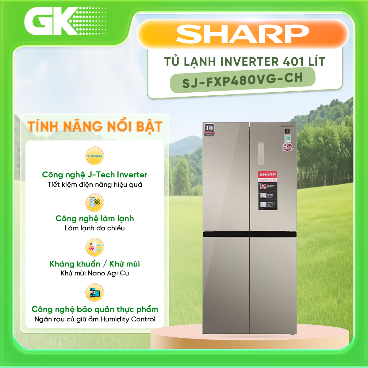 Tủ lạnh Sharp Inverter 401 lít SJ-FXP480VG-CH Mới 2020 – Hàng chính hãng chỉ giao HCM