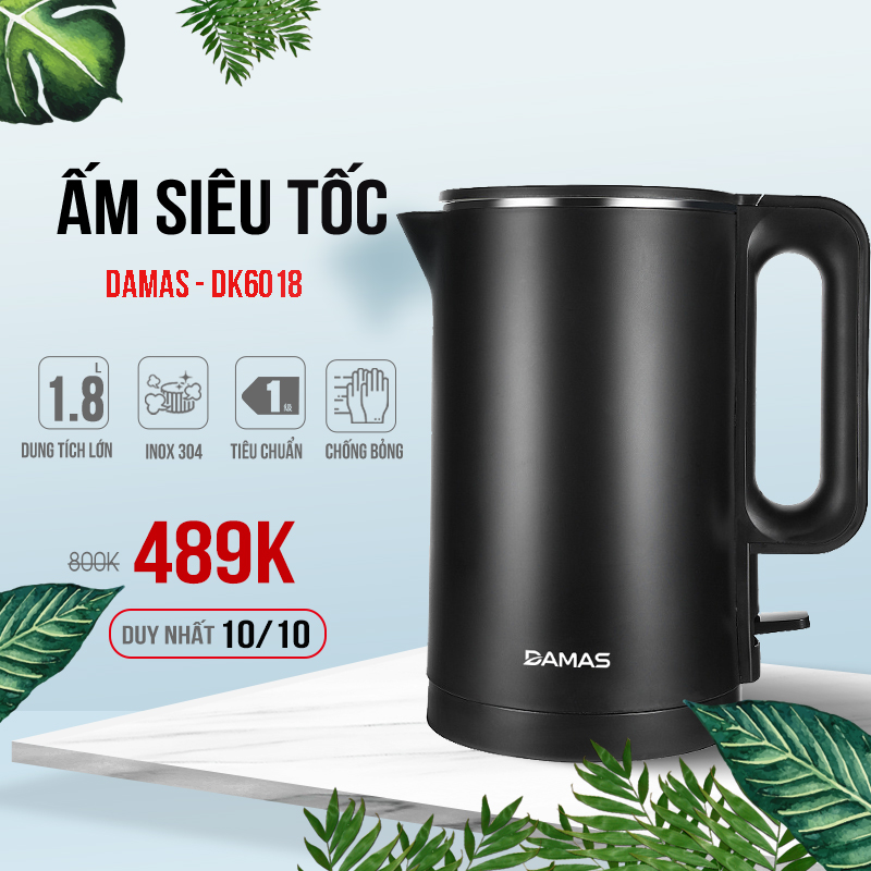 Bình Đun Siêu Tốc 2 Lớp Damas DK-6018 1.8L - Trang Bị Công Nghệ Giữ Nhiệt 3 Lớp Hiện Đại, Bộ Cảm Biến Nhiệt Đạt Chuẩn EU - Công Suất Lớn 1800W Sôi Nhanh Chỉ Trong 6 Phút - Thiết Kế Bề Mặt Bên Trong Bằng Thép Không Gỉ Inox 304 Cao Cấp - Hàng Nhập Khẩu