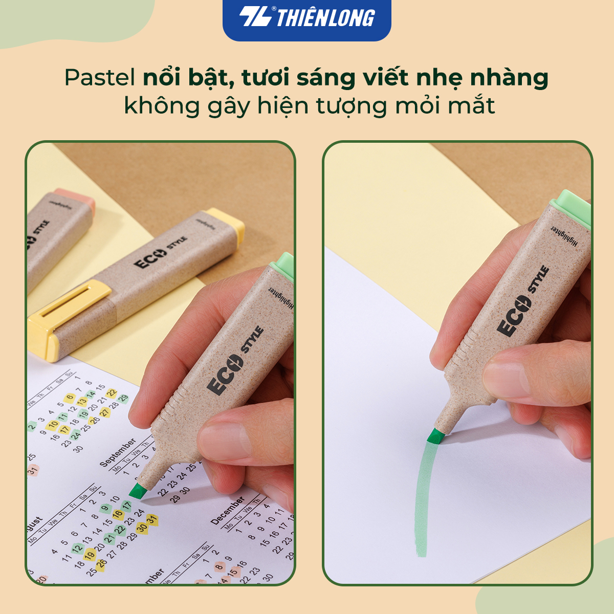 Combo 12 bút dạ quang màu pastel - Eco Style Highlighter Thiên Long HL-015/ECO - Không mất nét khi photocopy