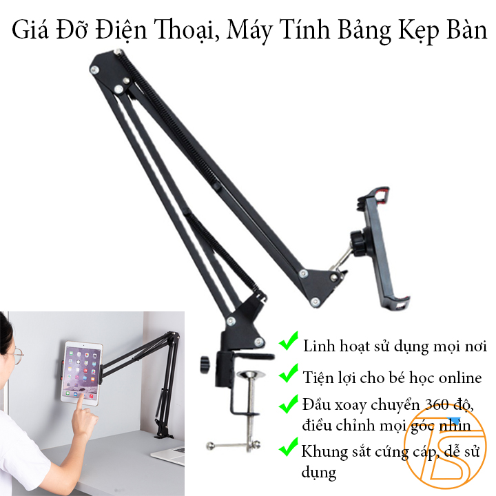 Giá Đỡ Điện Thoại, Máy Tính Bảng Kẹp Bàn Gấp Gọn Dùng Học Online Tiện Nghi Xoay 360 Độ