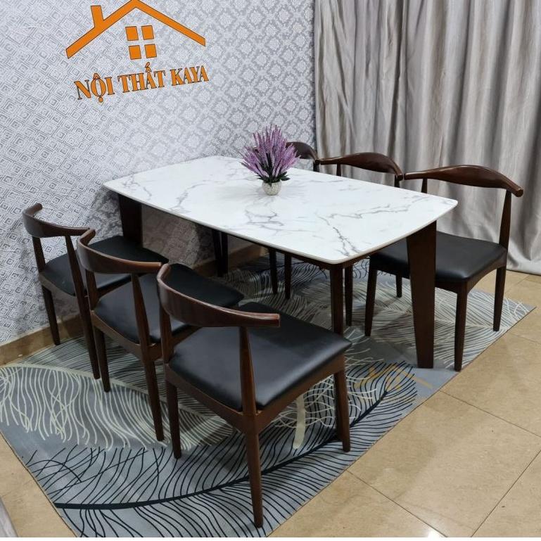 Bộ bàn mặt đá 6 ghế Bull-đầu bò chân chữ A 160cm x 80cm x 75cm (DxRxC) Mặt bàn đá với nguyên liệu được nhập khẩu từ Malaysia