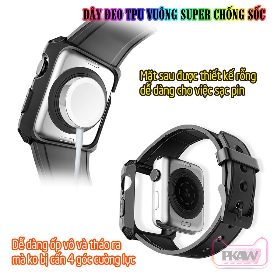 Dây Đeo liền ốp dành cho Apple Watch 7/6/5/4/3/2/1 size 38/40/41/42/44/45mm TPU vuông SUPER chống sốc - nhiều màu (tặng cường lực dẻo theo size)