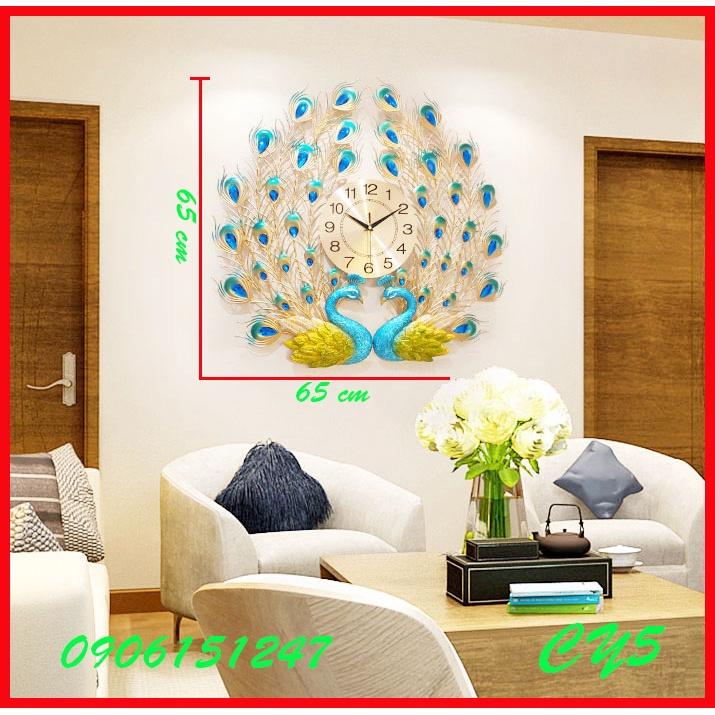 Đồng hồ treo tường trang trí decor chim công CY5 Khổng Tước xanh kích thước 65  x 65 cm