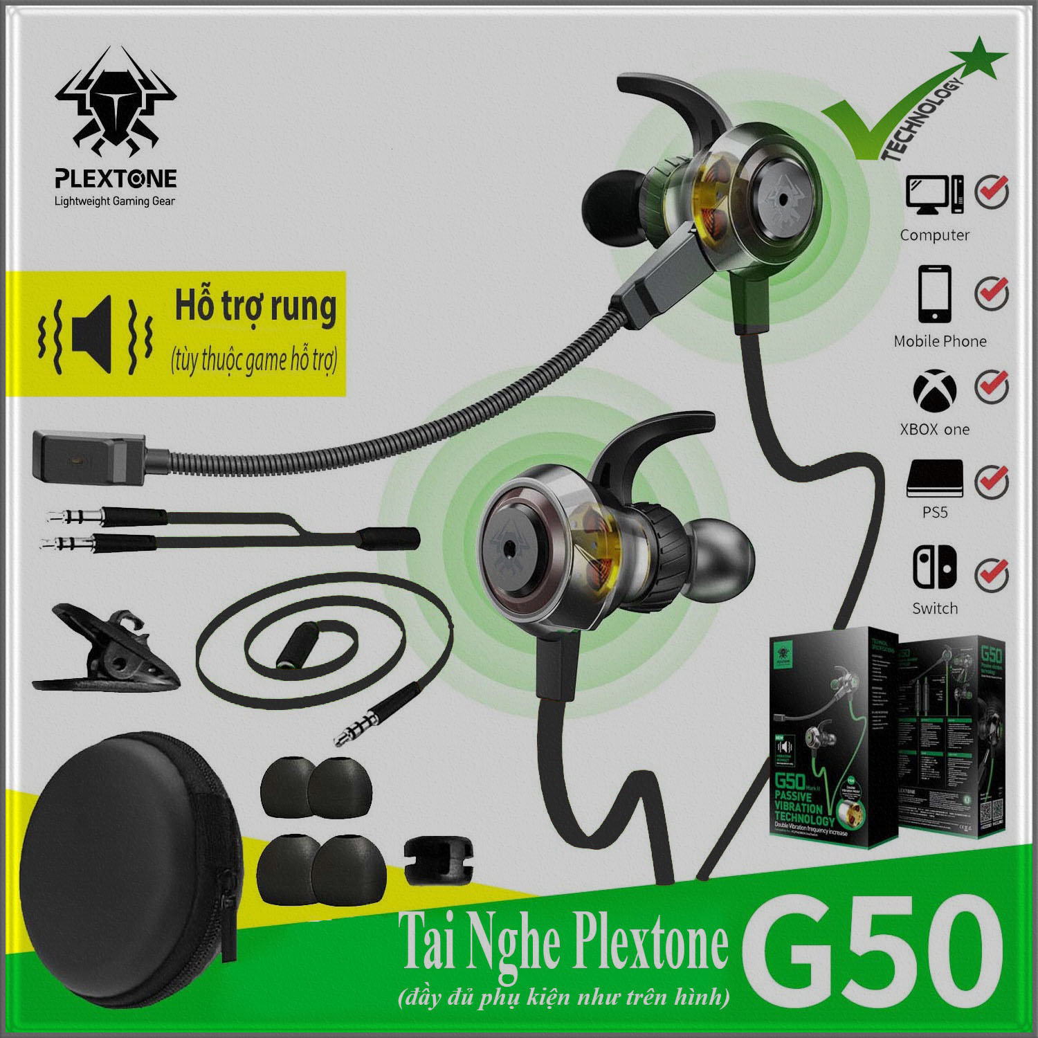 Tai nghe gaming có mic rời và rung Plextone G50 Mark II - Âm bass cực mạnh - Tai nghe chuyên game chơi PUBG Freefire - Hàng Chính Hãng