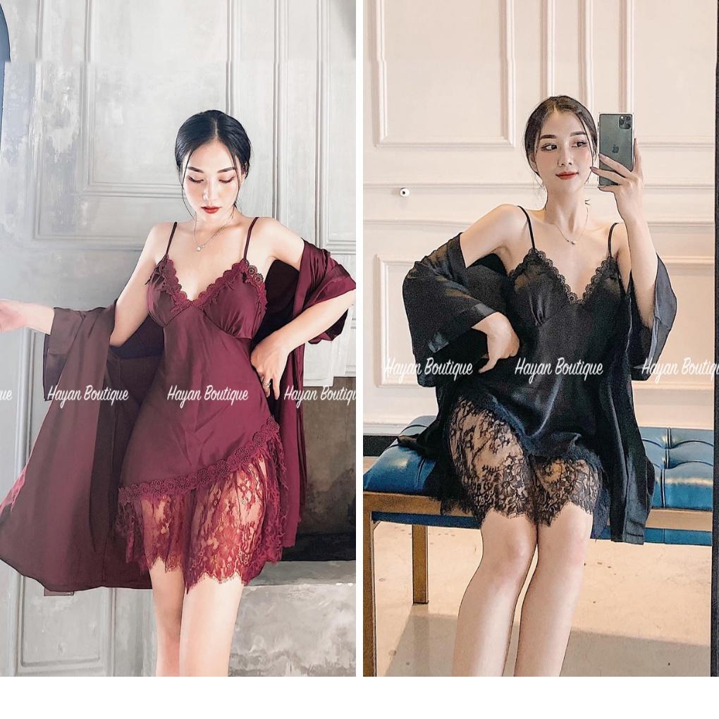 Set váy ngủ và áo choàng sexy ren chân viền hoa gợi cảm cao cấp KÈM MÚT NGỰC #HT129
