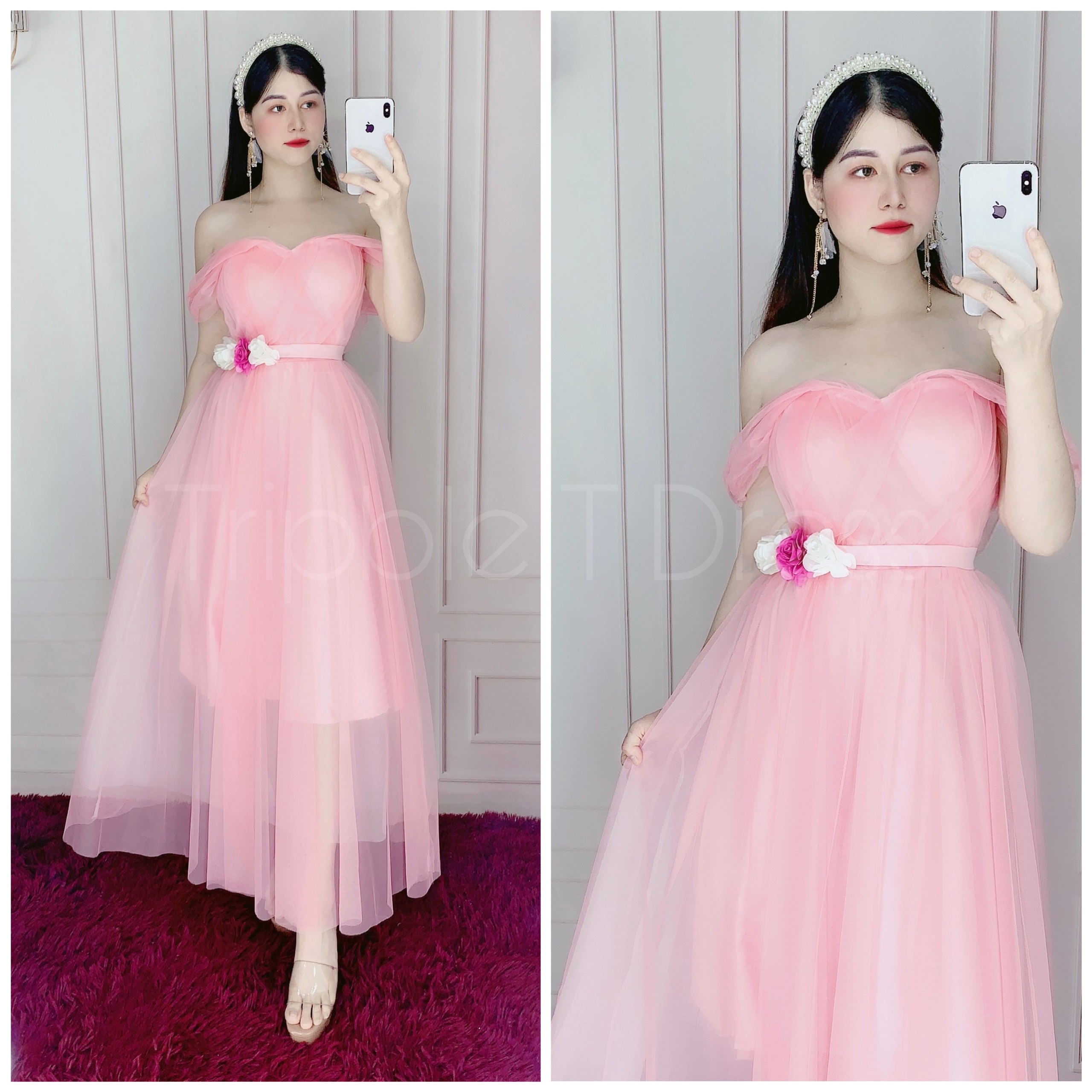 Đầm xoè dự tiệc rớt vai lưới siêu xinh TRIPBLE T DRESS -size L/XL - MS37V