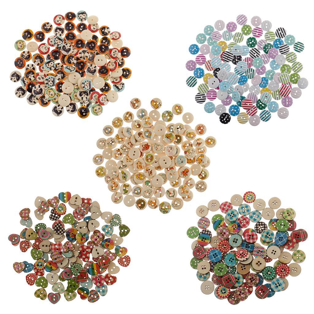 100 Pieces 15mm Colorful Mixed Pattern Round 2 Holes Wood Buttons for DIY Sewing