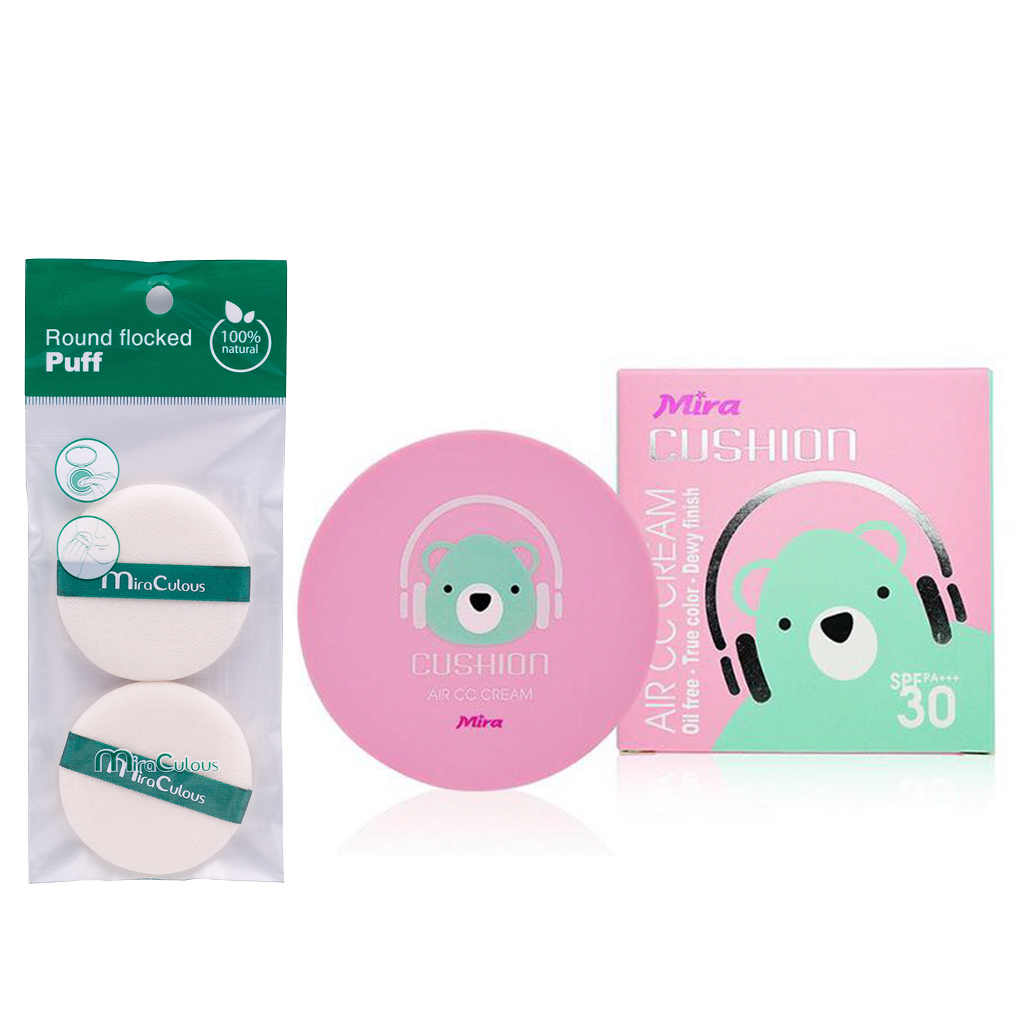 Phấn nước kiềm dầu Hàn Quốc cao cấp Mira Cushion Air CC Cream + Tặng Mút Bông Tán Kem Nền, Phấn Siêu Mềm Mịn Mira Culous (2 miếng/ túi) – Hàng Chính Hãng