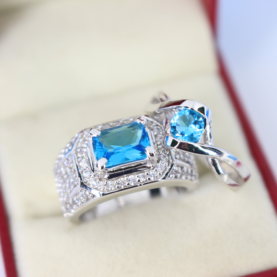 Nhẫn đôi bạc nhẫn cặp bạc đẹp đính đá xanh dương sang trọng ND0297