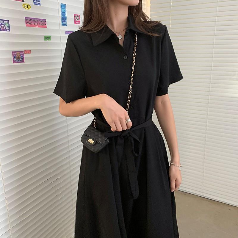 Đầm Dài Sơ mi Ngắn tay Màu trơn Form rộng Dáng chữ A Ulzzan Hàn Quốc Váy Dài Midi Kiểu Pháp Mùa Hè