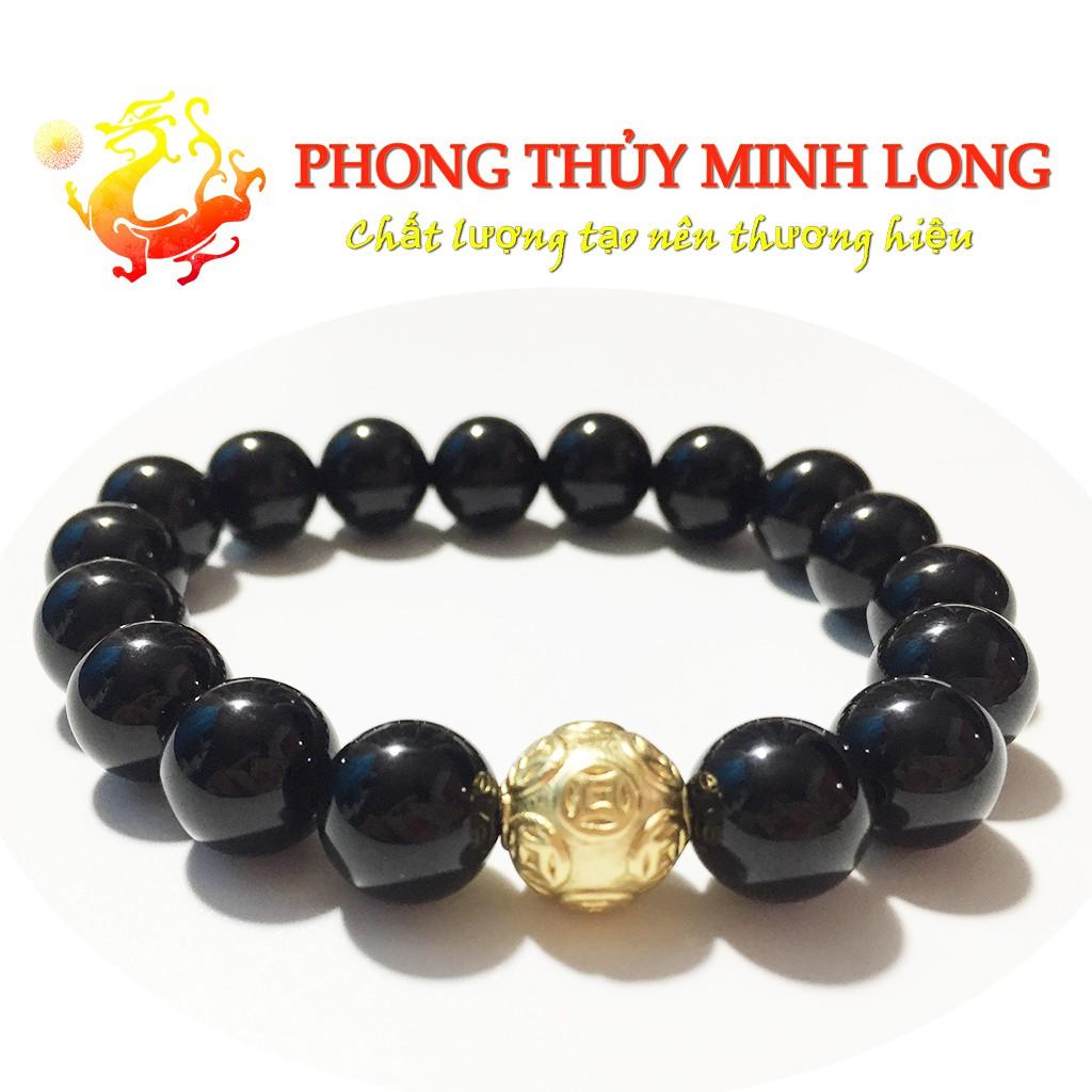 Vòng tay đá Mã Não Đen hàng 3A mix hạt Kim Tiền bằng Bạc charm Vàng hợp mệnh Thủy và Mộc
