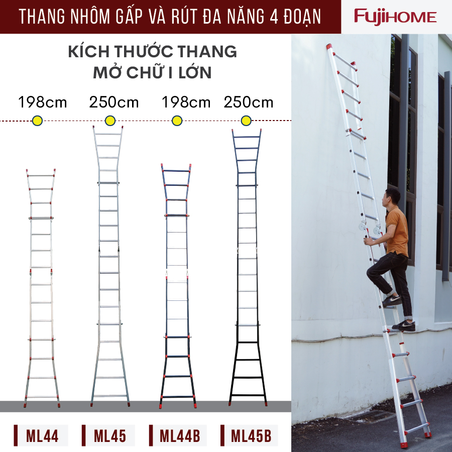 Thang nhôm gấp trượt chữ A 4M Nhập Khẩu đa năng chống trượt Black, thang gấp rút 4 bậc có khóa an toàn Multi Purpose Ladder - Hàng nhập khẩu