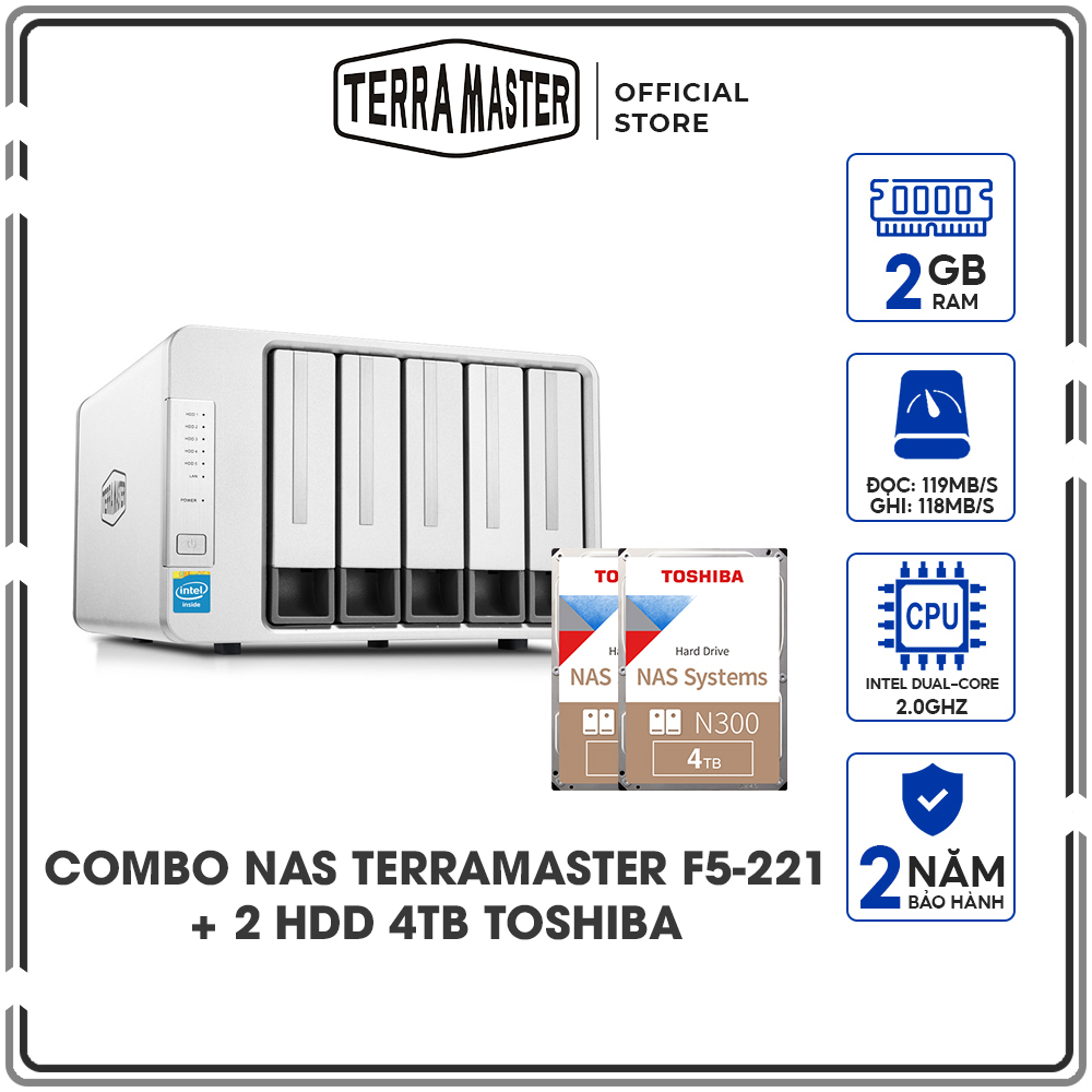 Combo Ổ cứng mạng NAS Terra Master F5-221 + 2 Ổ cứng iHDD Toshiba N300 4TB - Hàng chính hãng